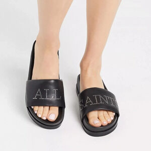 AllSaints sophie studded leather sliders in black, size 37